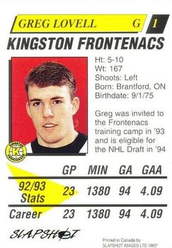 1993-94 Slapshot Kingston Frontenacs (OHL) #1 Greg Lovell Back