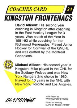 1993-94 Slapshot Kingston Frontenacs (OHL) #24 David Allison / Michael Allison Back