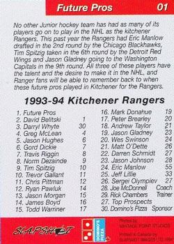 1993-94 Slapshot Kitchener Rangers (OHL) #1 Future Pros/Checklist Back