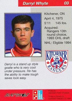 1993-94 Slapshot Kitchener Rangers (OHL) #3 Darryl Whyte Back