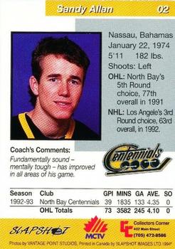 1993-94 Slapshot North Bay Centennials (OHL) #2 Sandy Allan Back