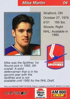 1993-94 Slapshot Windsor Spitfires (OHL) #4 Mike Martin Back