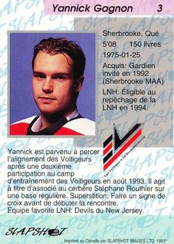 1993-94 Slapshot Drummondville Voltigeurs (QMJHL) #3 Yannick Gagnon Back