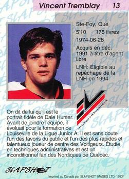 1993-94 Slapshot Drummondville Voltigeurs (QMJHL) #13 Vincent Tremblay Back