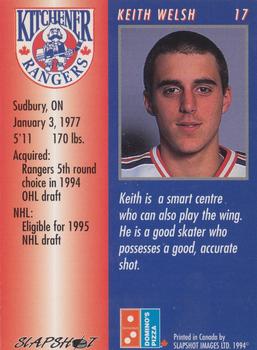 1994-95 Slapshot Kitchener Rangers (OHL) #17 Keith Welsh Back