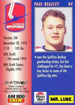 1994-95 Slapshot Windsor Spitfires (OHL) #4 Paul Beazley Back