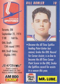 1994-95 Slapshot Windsor Spitfires (OHL) #10 Bill Bowler Back