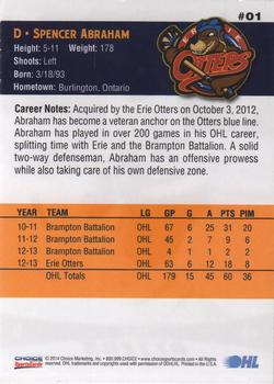2013-14 Choice Erie Otters (OHL) #1 Spencer Abraham Back