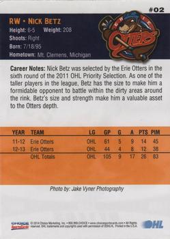 2013-14 Choice Erie Otters (OHL) #2 Nick Betz Back