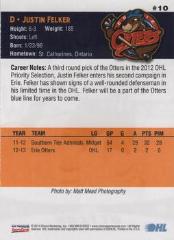 2013-14 Choice Erie Otters (OHL) #10 Justin Felker Back