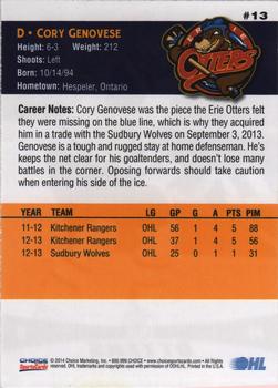2013-14 Choice Erie Otters (OHL) #13 Cory Genovese Back