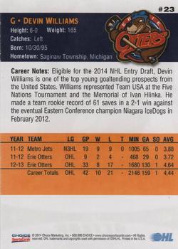 2013-14 Choice Erie Otters (OHL) #23 Devin Williams Back