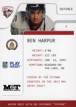 2013-14 M&T Printing Guelph Storm (OHL) #A-08 Ben Harpur Back