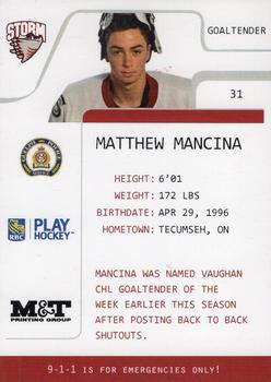 2013-14 M&T Printing Guelph Storm (OHL) #B-14 Matthew Mancina Back