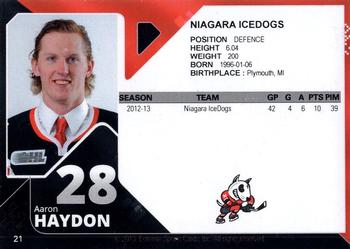 2013-14 Extreme Niagara IceDogs (OHL) #21 Aaron Haydon Back