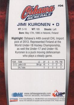2013-14 Choice Oshawa Generals (OHL) #4 Jimi Kuronen Back