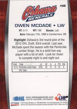 2013-14 Choice Oshawa Generals (OHL) #8 Owen McDade Back