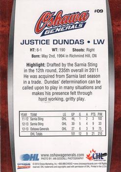 2013-14 Choice Oshawa Generals (OHL) #9 Justice Dundas Back
