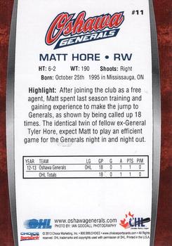 2013-14 Choice Oshawa Generals (OHL) #11 Matt Hore Back