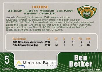 2013-14 Grandstand Everett Silvertips (WHL) #NNO Ben Betker Back