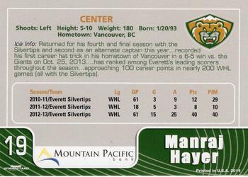 2013-14 Grandstand Everett Silvertips (WHL) #NNO Manraj Hayer Back