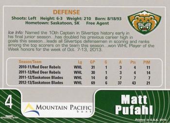 2013-14 Grandstand Everett Silvertips (WHL) #NNO Matthew Pufahl Back