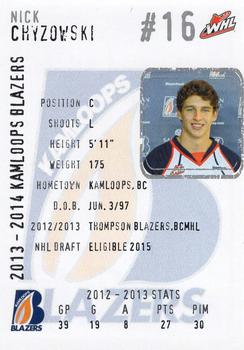 2013-14 Kamloops Blazers (WHL) #9 Nick Chyzowski Back