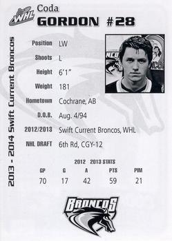 2013-14 Swift Current Broncos (WHL) #12 Coda Gordon Back