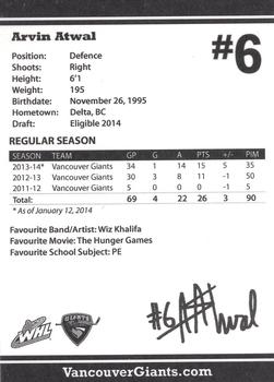 2013-14 Vancouver Giants (WHL) #NNO Arvin Atwal Back