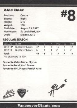 2013-14 Vancouver Giants (WHL) #NNO Alec Baer Back