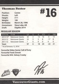 2013-14 Vancouver Giants (WHL) #NNO Thomas Foster Back