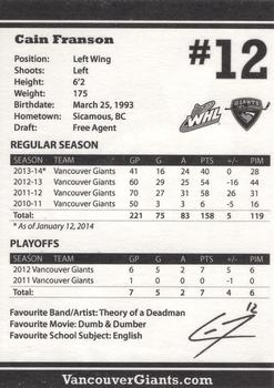 2013-14 Vancouver Giants (WHL) #NNO Cain Franson Back