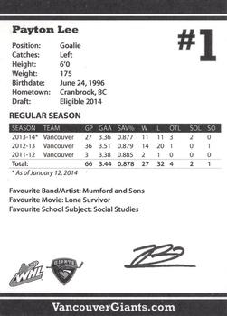 2013-14 Vancouver Giants (WHL) #NNO Payton Lee Back