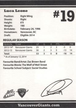 2013-14 Vancouver Giants (WHL) #NNO Luca Leone Back