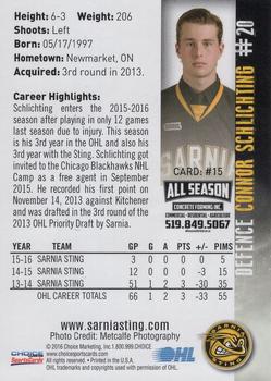 2015-16 Choice Sarnia Sting (OHL) #15 Connor Schlichting Back