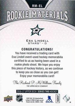 2016-17 Upper Deck - Rookie Materials #RM-EL Esa Lindell Back