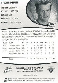 2007-08 Choice Vancouver Giants (WHL) #23 Tyson Sexsmith Back
