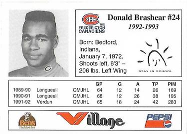1992-93 Fredericton Canadiens (AHL) #NNO Donald Brashear Back