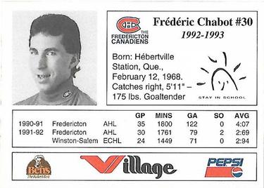 1992-93 Fredericton Canadiens (AHL) #NNO Frederic Chabot Back