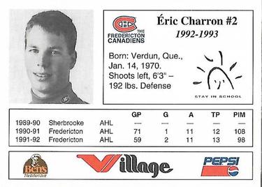 1992-93 Fredericton Canadiens (AHL) #NNO Eric Charron Back