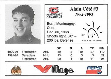 1992-93 Fredericton Canadiens (AHL) #NNO Alain Cote Back
