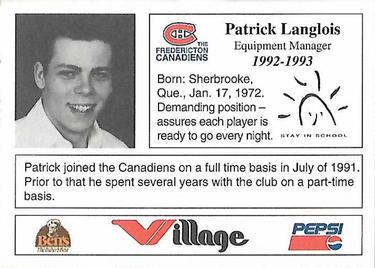 1992-93 Fredericton Canadiens (AHL) #NNO Patrick Langlois Back