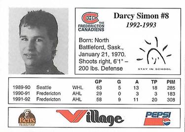 1992-93 Fredericton Canadiens (AHL) #NNO Darcy Simon Back