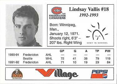1992-93 Fredericton Canadiens (AHL) #NNO Lindsay Vallis Back