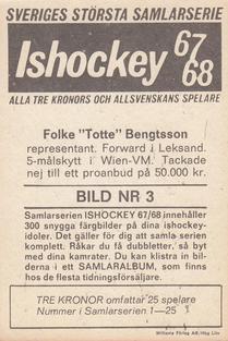 1967-68 Williams Ishockey (Swedish) #3 Folke Bengtsson Back