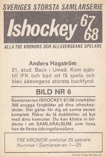 1967-68 Williams Ishockey (Swedish) #6 Anders Hagstrom Back