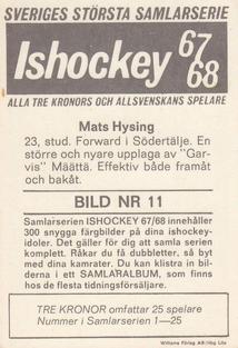 1967-68 Williams Ishockey (Swedish) #11 Mats Hysing Back