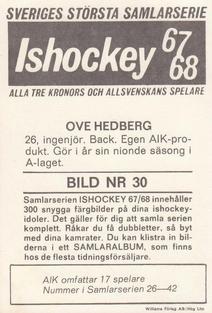 1967-68 Williams Ishockey (Swedish) #30 Ove Hedberg Back