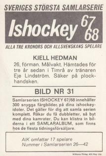 1967-68 Williams Ishockey (Swedish) #31 Kjell Hedman Back