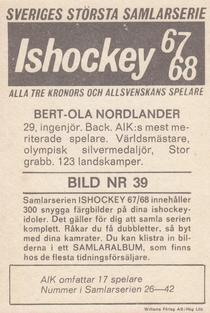1967-68 Williams Ishockey (Swedish) #39 Bert-Ola Nordlander Back